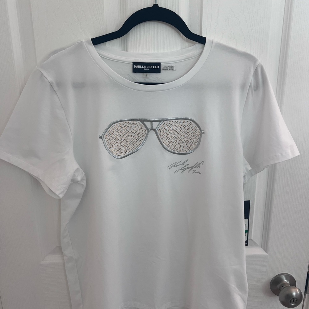 Karl Lagerfeld White Short-Sleeve Tee with Crystal Sunglasses Motif